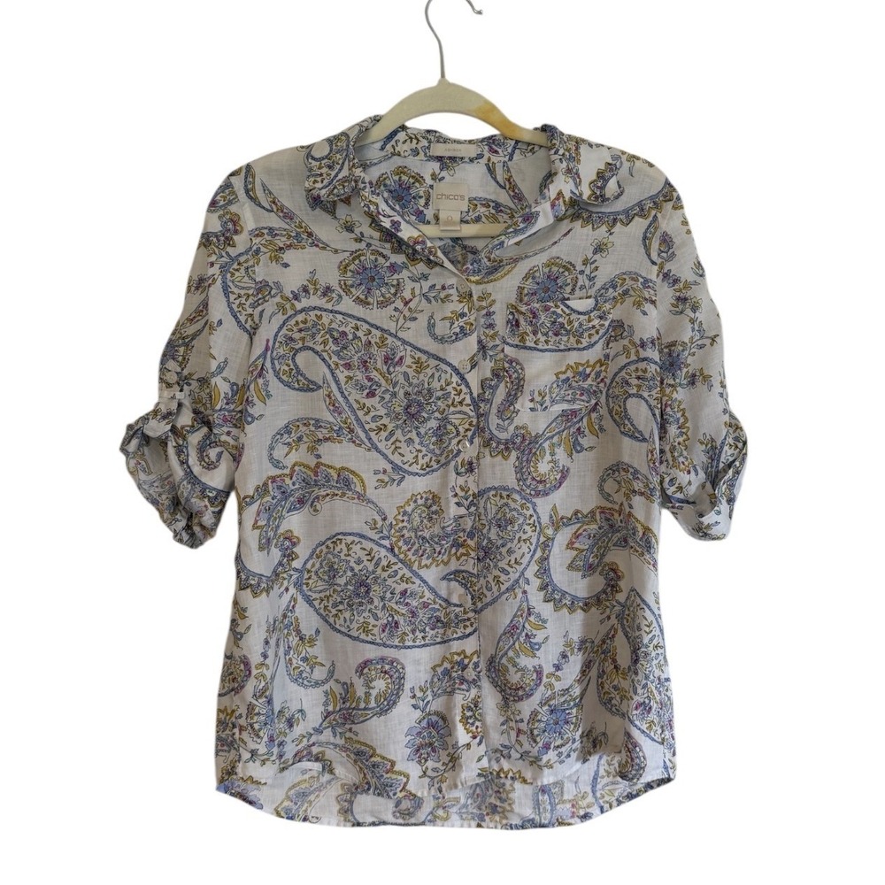 Chico's Paisley Button Down Women 0 White No Iron Linen Roll Tab Sleeve Top
